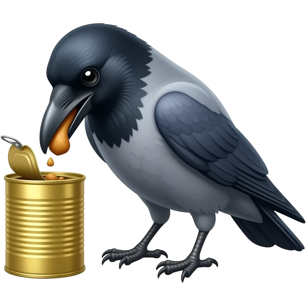 a grey crow eating food from a golden can emoji