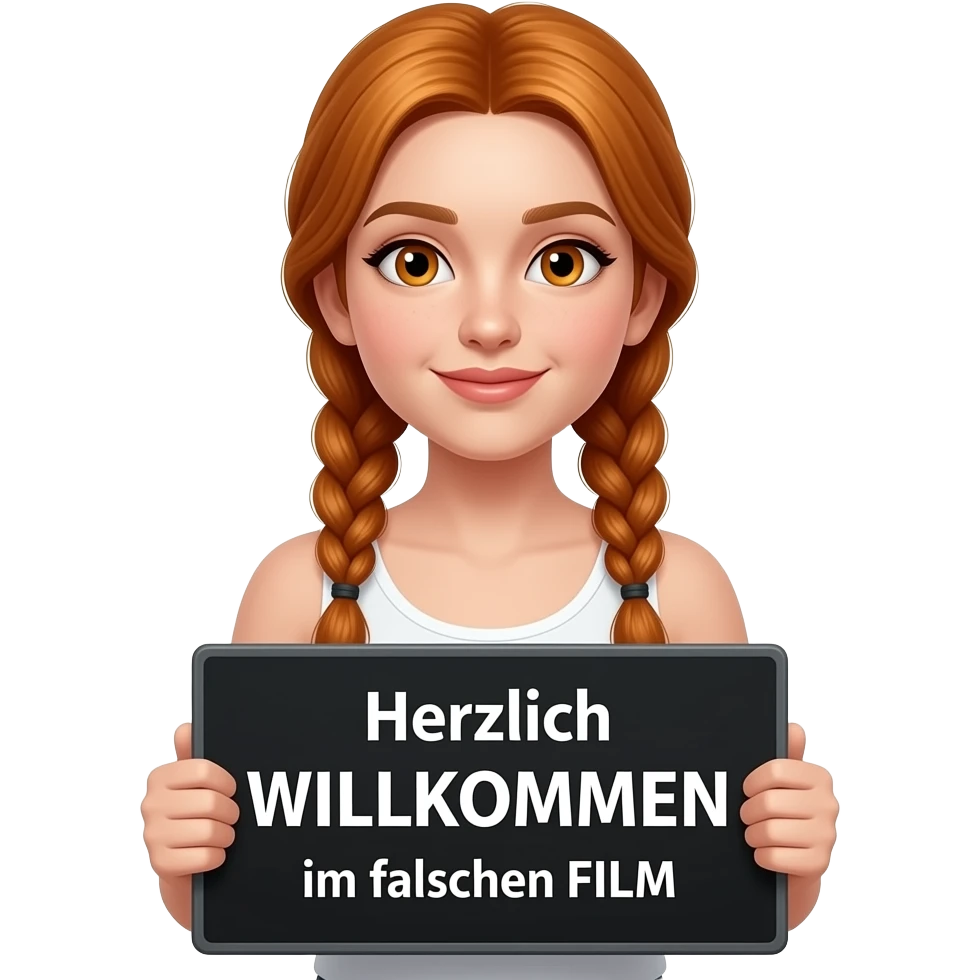 sexy girl with long ginger braids and ginger eyes wearing a white tanktop is holding a black sign with Herzlich WILLKOMMEN im falschen FILM written on it emoji