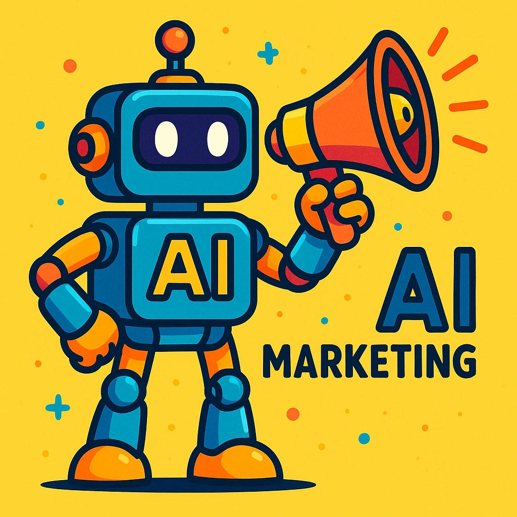 robot with megaphone symbolizing AI-powered marketing, vibrant tech-inspired style, vibrant toon style emoji