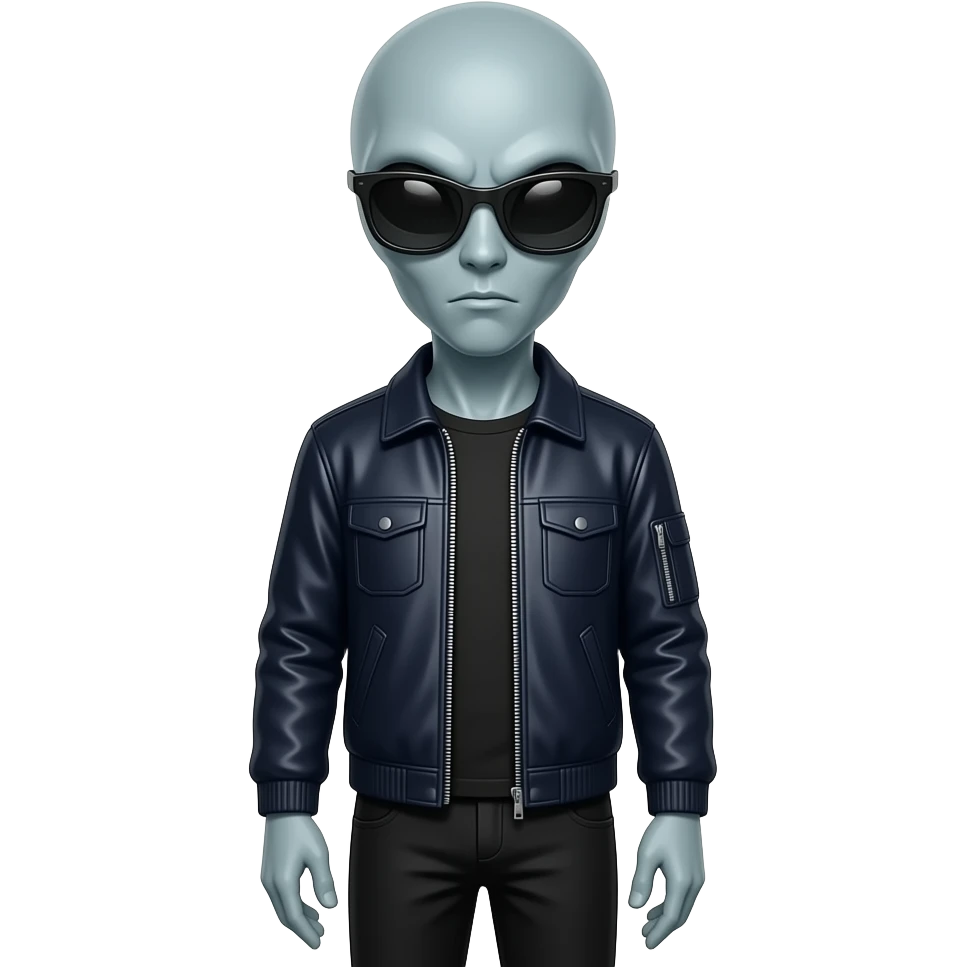 Yes perfect this emoji with those cloths, but instead put black shades and make it a alien with no beard emoji