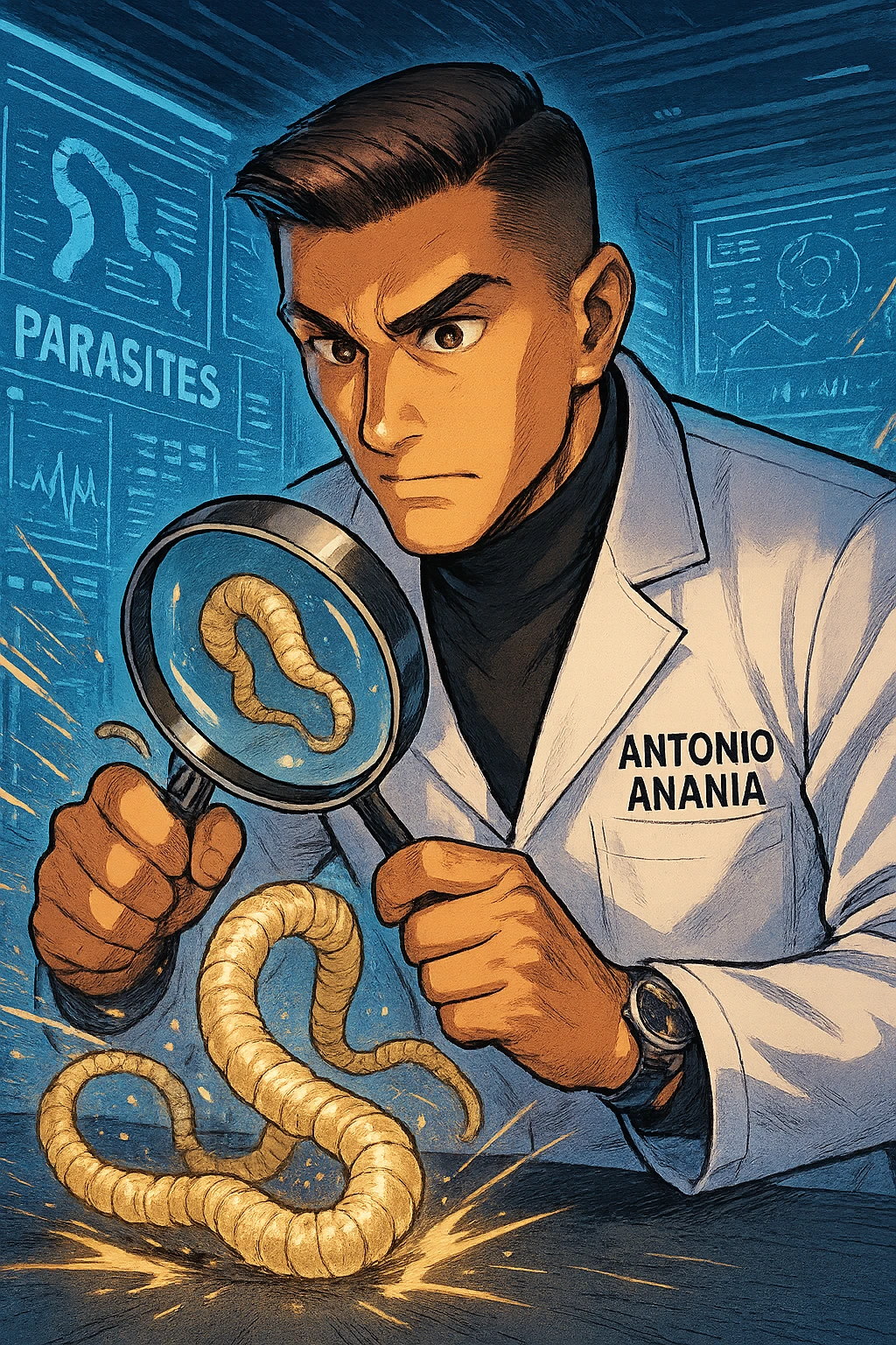 A dynamic manga/webtoon-style illustration of a young male kinesiologist wearing a clean white lab coat, analyzing light beige worms like a tapeworm under a magnifying glass. His expression is focused and slightly intrigued, with sharp, detailed eyes. The art style is vibrant, with bold linework, rich colors, and dramatic lighting. The background is a futuristic laboratory with glowing holographic screens displaying parasite data. The tapeworm is intricately drawn, slimy and segmented, with a slightly exaggerated yet realistic texture. The composition is dynamic, with motion lines or energy effects to emphasize his scientific investigation. The atmosphere is intense but not dark, keeping a balance between scientific seriousness and stylish manga aesthetics, he has "ANTONIO ANANIA" WRITTEN ON WHITE LAB COAT emoji