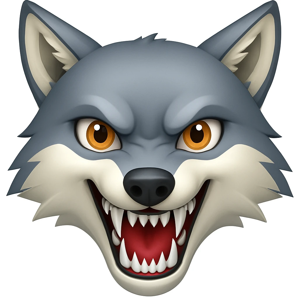 Make the wolf teeth much sharper, same style as original emoji style. The original emoji style does not support editing, so use a general style that respects the emoji look while sharpening the wolf teeth. emoji