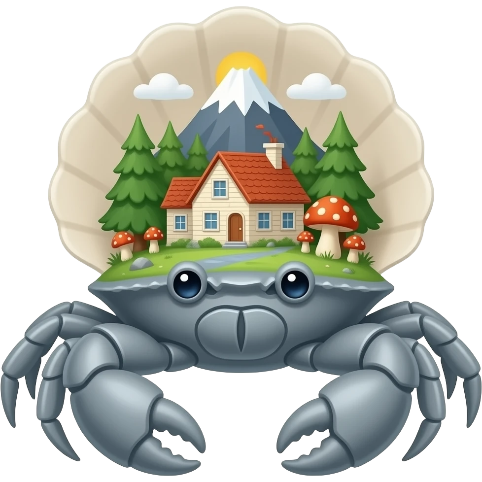 A Gray crab with houses on top of its shell in trees on it and also with mushrooms on it  facing forward Giant by mountain emoji