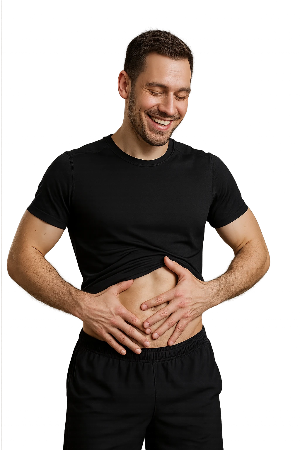 uomo fitness realistico che si tocca la pancia magra felice, iperrealistico 4k emoji