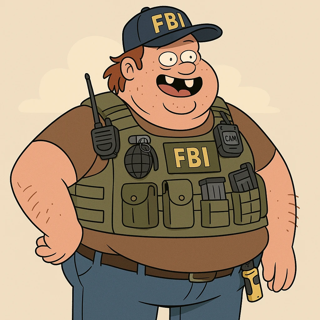 A big, overweight federal agent with prominent buck teeth, wearing a tactical vest loaded with all kinds of gadgets, looking like a redneck, cartoonish and humorous style emoji