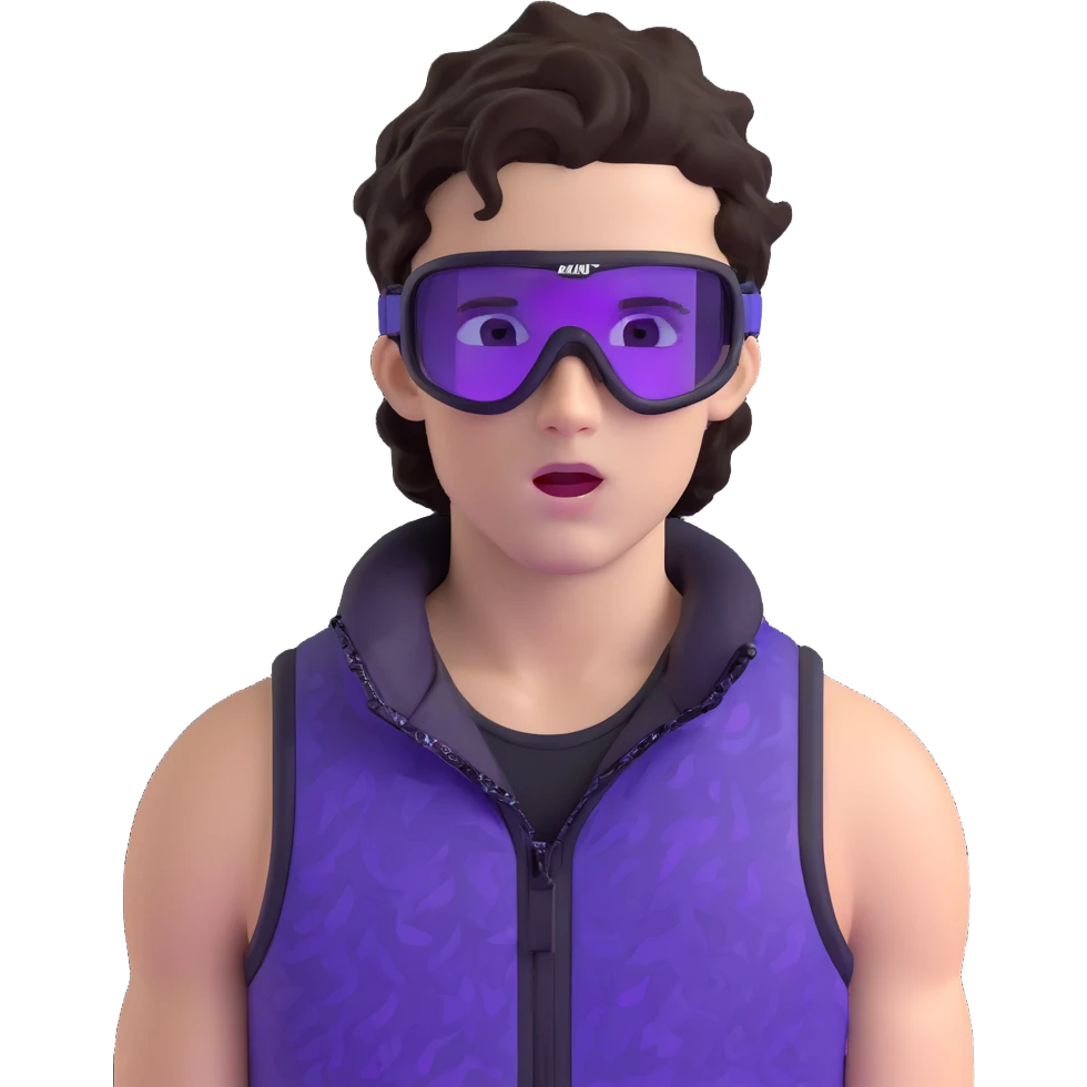 close-up of bad guy male athlete with white skin and moderately curly dark brown hair on top with shaved sides, wearing ski goggles with purple frames and very dark black lenses, a simple plain black chain necklace, and a completely unzipped sleeveless vest with purple and black sequin fire pattern design with no logo, with an extremely arrogant expression sticking his tongue out mockingly, looking menacing and villainous emoji