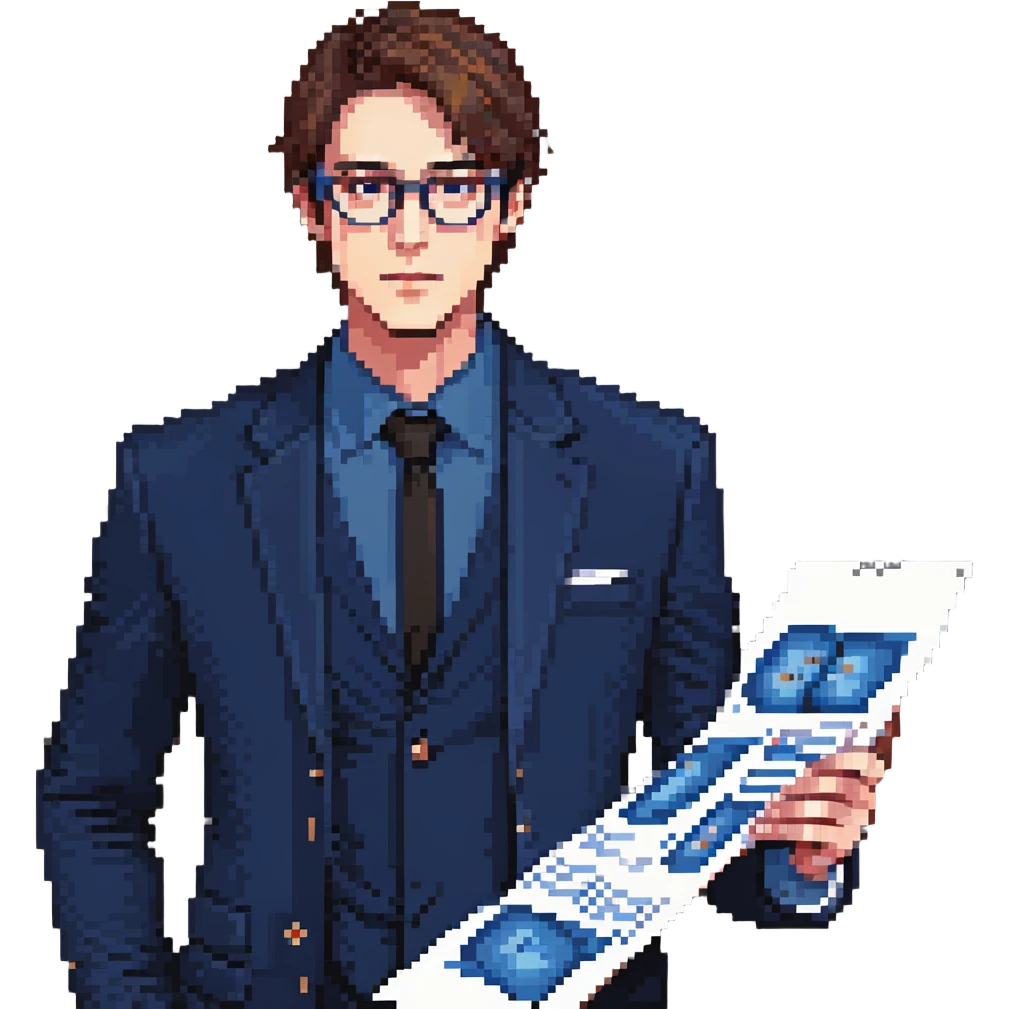 Flat pixel art, focused and reserved male architect, American, Caucasian features, short sleek brown hair, wearing glasses, intense sharp eyes, wearing a deep indigo suit jacket over a black shirt, holding a blue print, waist-up, front-facing emoji