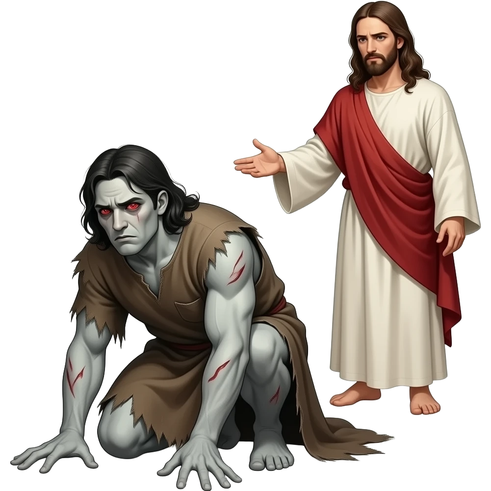 A full bodied crouched down emaciated man with pale colored skin, red serpent eyes, slim black slit pupils and possessed by an evil spirit  that has a fearful look on his face, wearing tattered clothing from biblical times and Jesus standing above him with a stern look on his face casting him out emoji