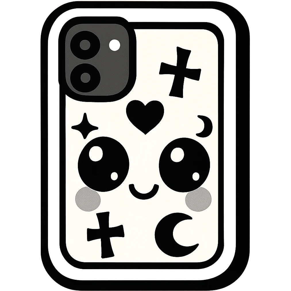 Change the color scheme to white and black, gothic kawaii phone case, big eyes, smiling, playful, cartoonish, gothic symbols, vibrant toon style, no background. emoji