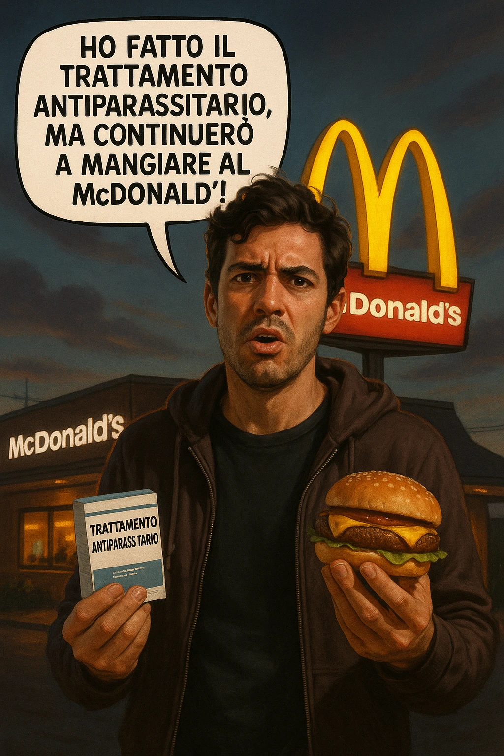 A realistic, cinematic illustration of a man in his early 30s with a confused yet stubborn expression, standing outside a McDonald's at dusk, holding a small box labeled 'Trattamento Antiparassitario' in one hand while holding a large McDonald's burger in the other. He is mid-sentence, saying 'Ho fatto il trattamento antiparassitario, ma continuerò a mangiare al McDonald!' in an expressive speech bubble. The man wears casual streetwear, and behind him, the McDonald's golden arches glow under a neon-lit sky. The mood is ironic and educational, highlighting the contradiction of doing parasite cleanses while continuing unhealthy fast-food habits. The style is realistic with slight illustrative clarity, emphasizing the message humorously while maintaining a serious undertone about lifestyle choices and health in italiano emoji