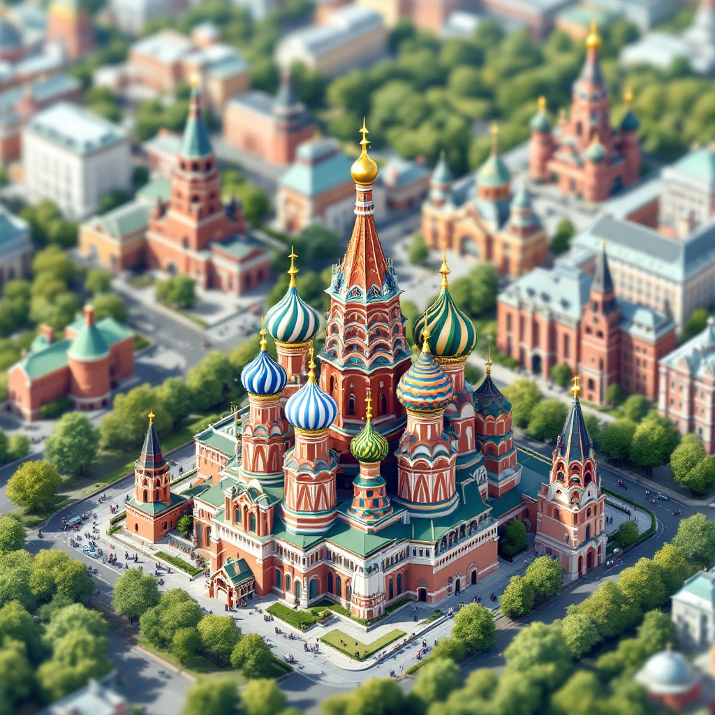 Isometric illustration of Moscow, featuring photorealistic Saint Basil's Cathedral with colorful onion domes emoji