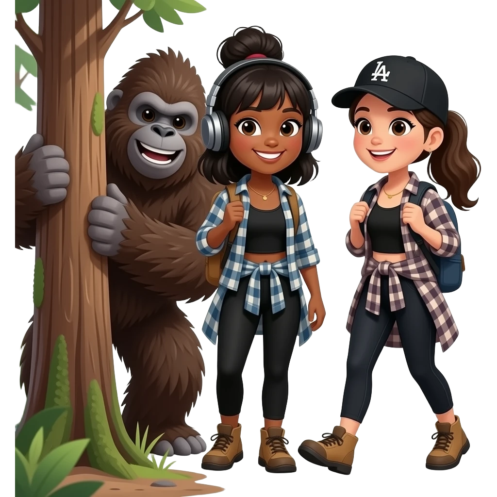 A black woman with bangs, a messy bun, headphones and shoulder length hair and a Hispanic Woman with dark blonde wavy hair in a ponytail wearing a black LA hat hiking in the forest with smiling Bigfoot peaking behind a tree. Both wearing comfortable black leggings, tank tops and flannel emoji