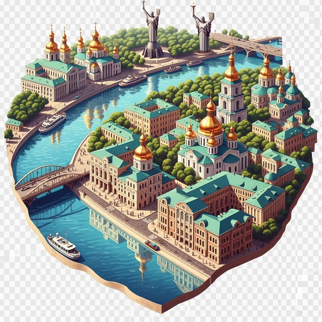 Isometric illustration of photorealistic Kyiv, balanced between paint stylized and realistic, 3D miniature effect, transparent background. emoji