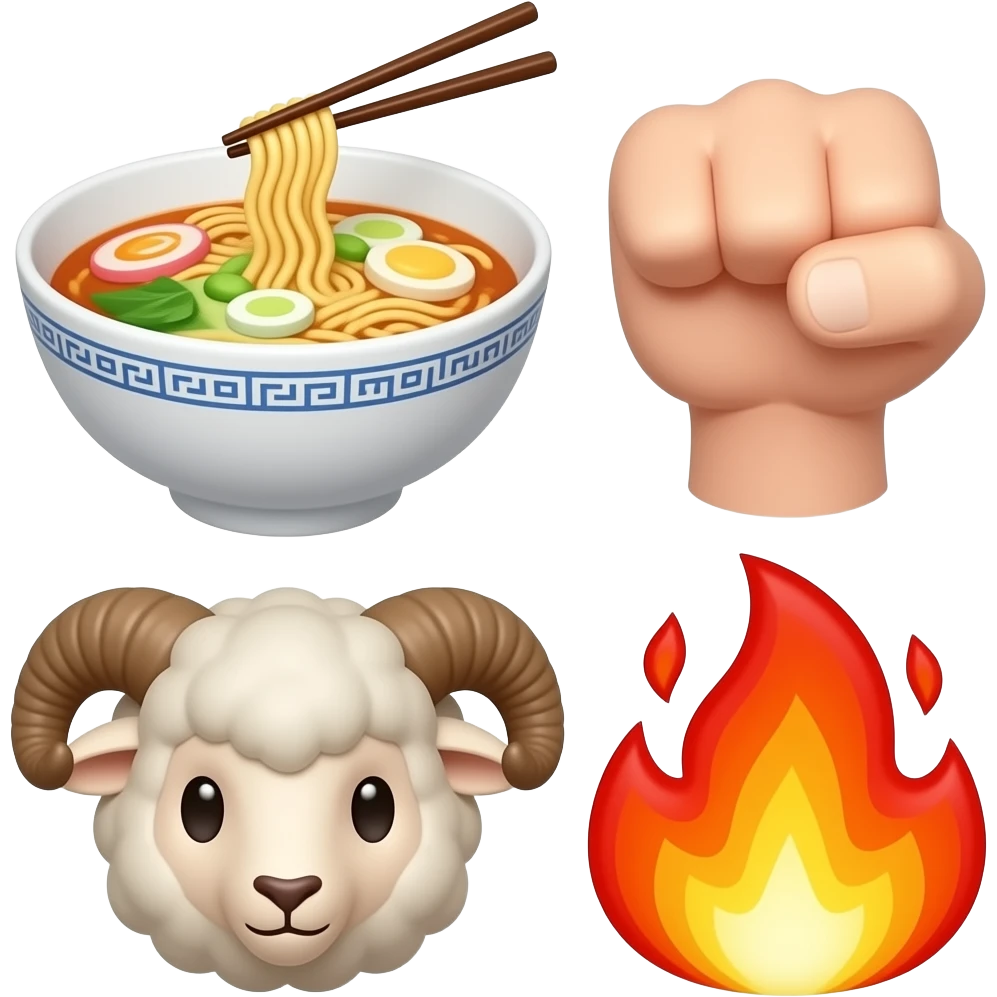 3D cute anime-style icons of ramen bowl, fist punch, and fire flames, vibrant colors, soft lighting, glossy material, centered composition, clean white background, minimal but high detail, modern UI style, consistent design, high quality render يعطيك look احترافي emoji