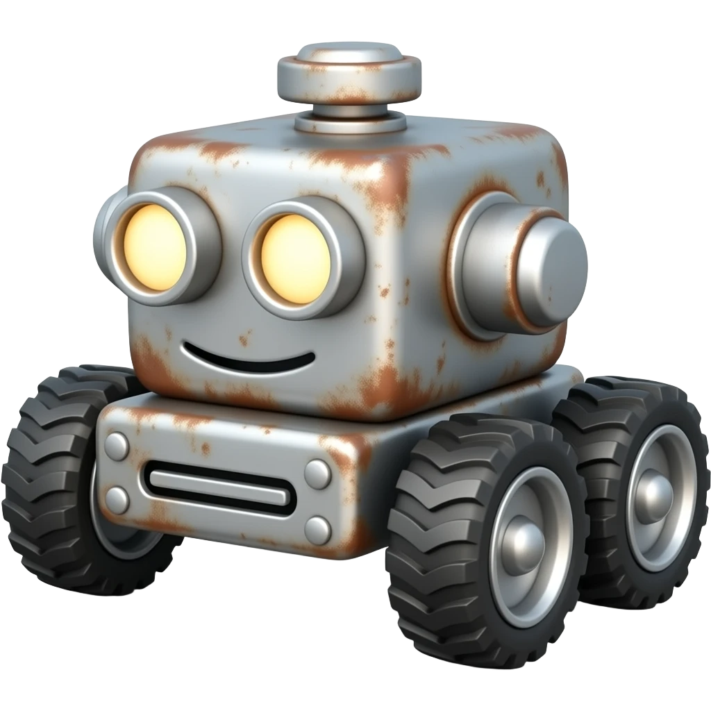 3D emoji-style rusty machine on four wheels, glowing round headlights, gray metal with rust, soft lighting, clean background emoji