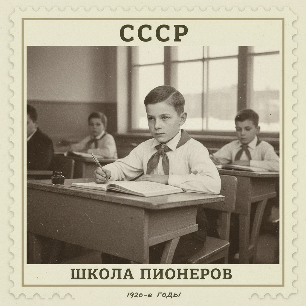 Марка на которой изображен пионер за партой в школе. СССР 1920-е годы.

Стиль марки такой же, как на прикрепленном фото emoji