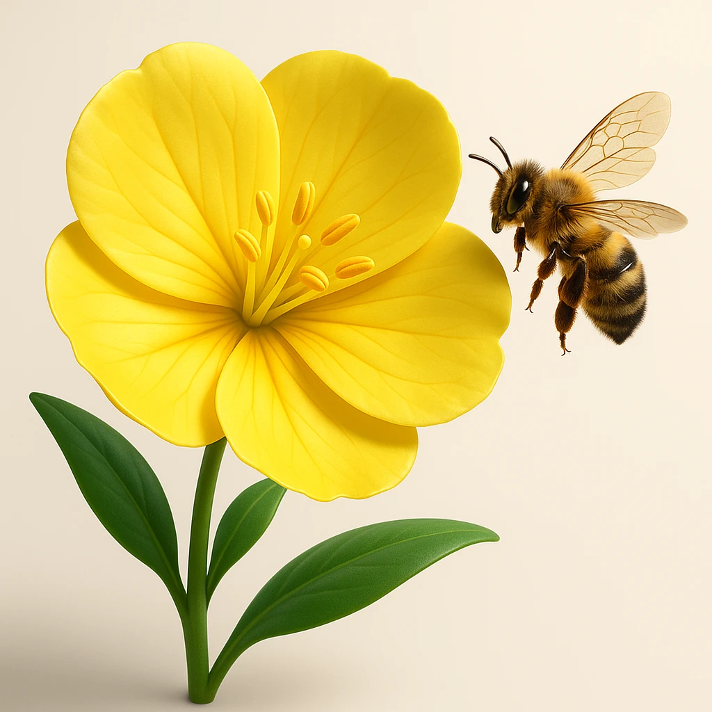 Add maximum volume to the evening primrose flower and the bee, making both very three-dimensional with expressive light and shadow and depth, in a modern 3D iOS style with a clean background. emoji