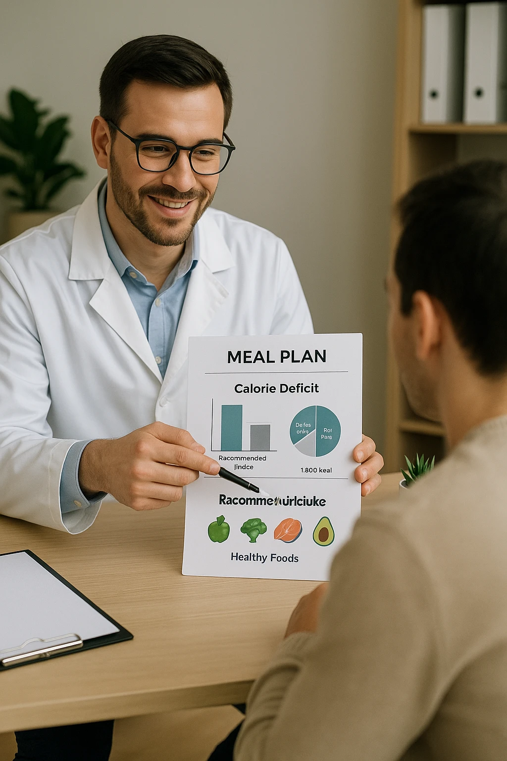 a nutritionist sits at a desk with a client, showing a personalized meal plan and a chart that clearly displays the client’s specific daily caloric deficit. The nutritionist points to the chart, which includes recommended calories, macronutrient breakdown, and healthy food options. The mood is professional, supportive, and educational. in italiano emoji