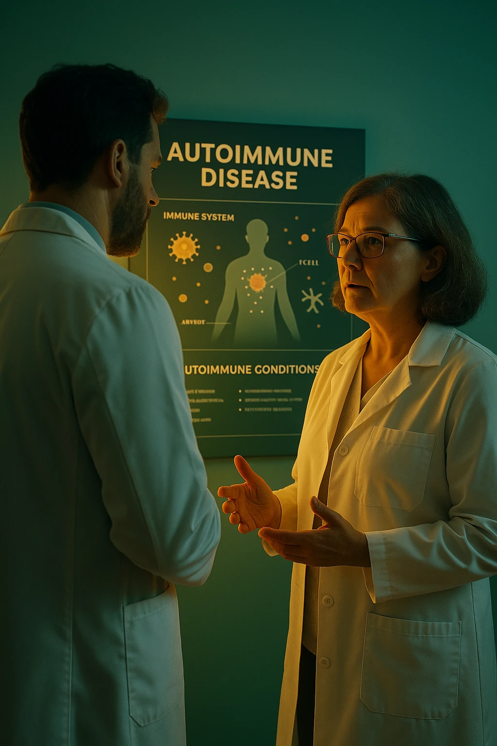 Realistic, detailed photo taken from behind of one doctor e un paziente —a bearded man and a middle-aged woman—standing and facing each other as they discuss an autoimmune disease diagnosis in front of a medical chart that displays information about the immune system and autoimmune conditions. The scene is illuminated by a yellowish, orange, warm light that softly envelops the doctors. The entire room is bathed in a single green-blue color, creating a cohesive and modern atmosphere. Both doctors wear white coats, and their body language suggests a serious, professional conversation about the complexities of autoimmune diseases. Shot with a Canon EOS R5, with high detail and natural depth of field. in italiano emoji