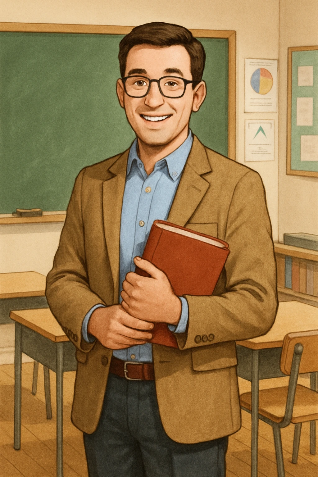 A friendly teacher character, standing and smiling, holding a book, in a classroom setting, approachable and professional. emoji
