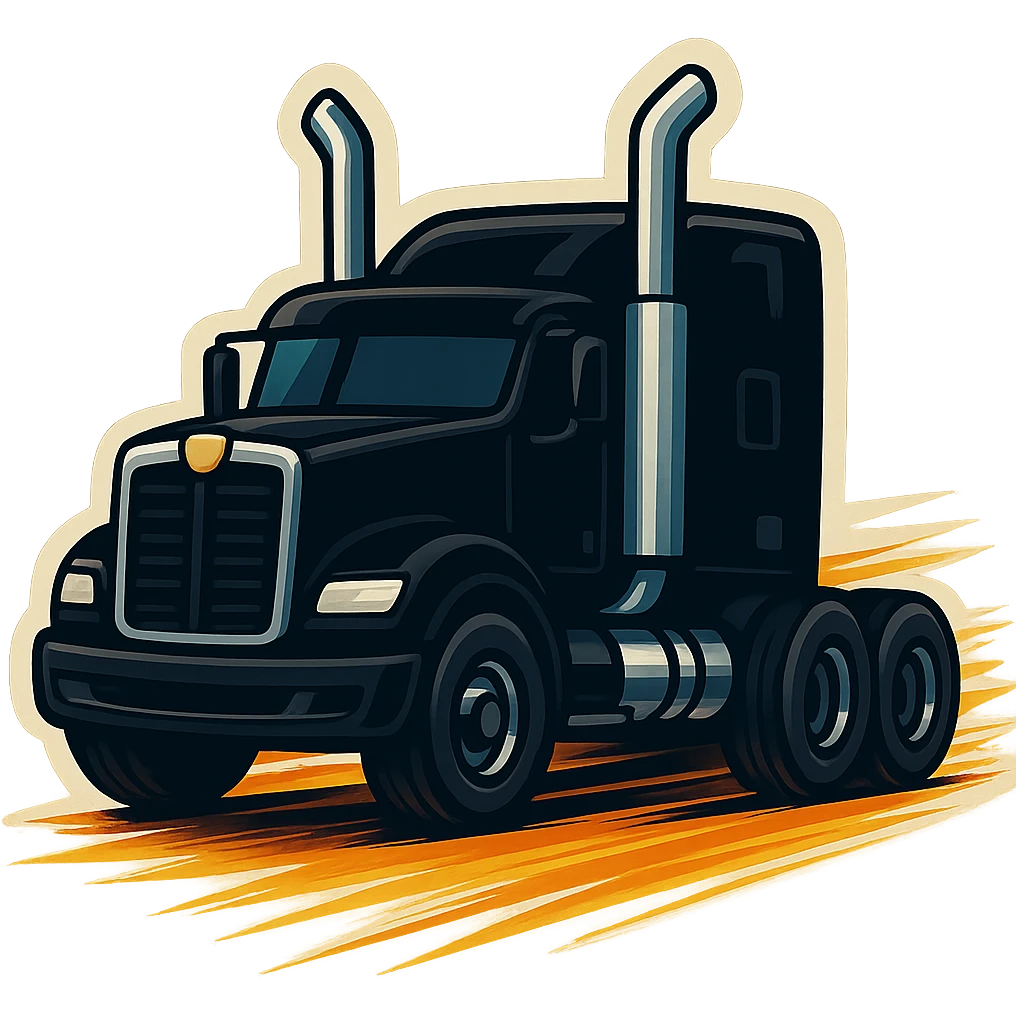Black Kenworth W680 cartoon truck rolling down the road with shiny chrome stacks, big wheels, fun proportions, and a strong sense of speed and motion. emoji
