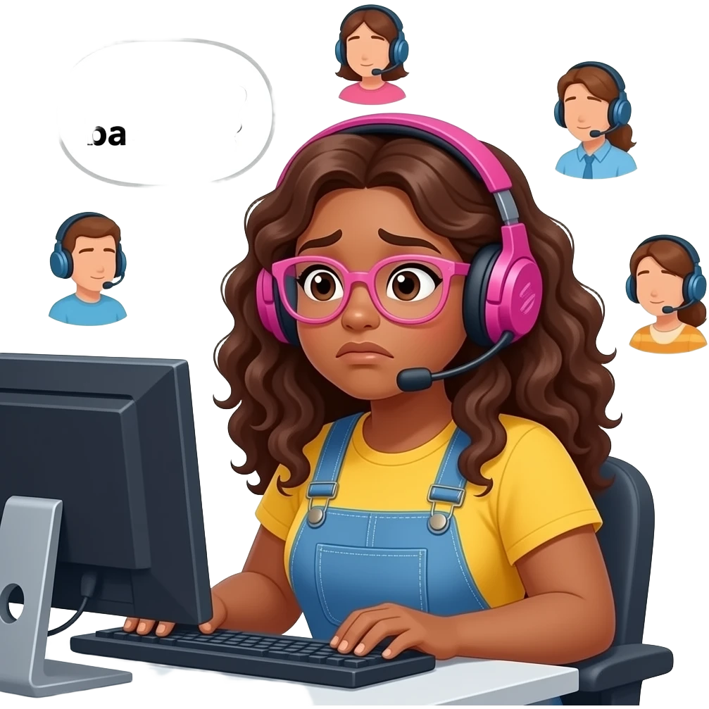 A curvy tan woman with long curly hair and pink glasses, wearing overalls and a yellow shirt, looking straight forward at viewer, wearing a gaming headset,sitting at her computer, looking anxious, her speech bubble saying "let's go to banging?",  And some floating people in headsets surrounding emoji