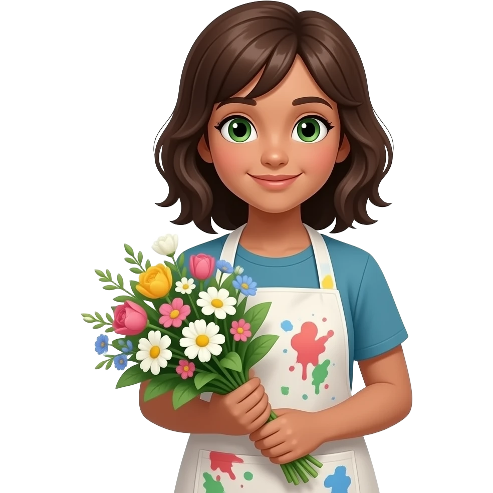 light-skinned-girl-with-brown-hair-and-green-eyes-in-apron-with-paint-holding-flowers emoji