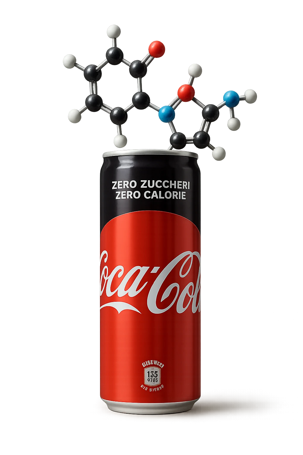rappresenta una molecola chimica di aspartame che esce da una lattina di coca cola zero, iperrealistica 4k emoji