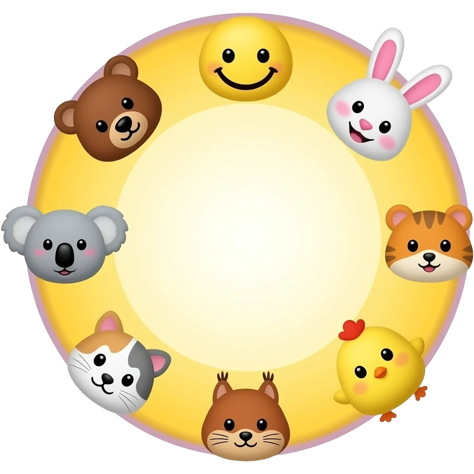 Same as this design, Yellow Smiley in the centre,with space to write, circle form ,serrounded by the head only of these 7 symbols: 🐻🐰🐨🐈🐹🐿🐥 Small size. Bright yellow background instead of red, lighter purple outlines emoji
