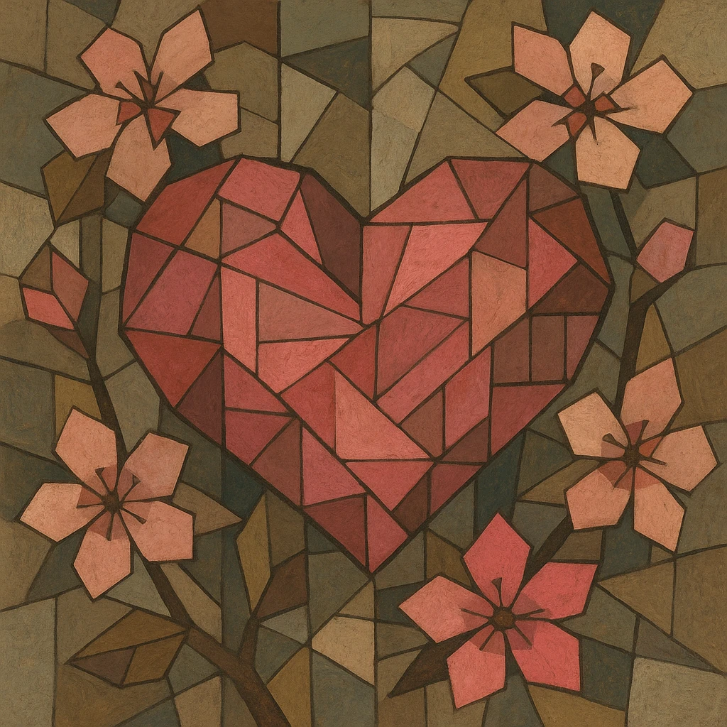 pink heart with sakura flowers, cubist abstraction style emoji