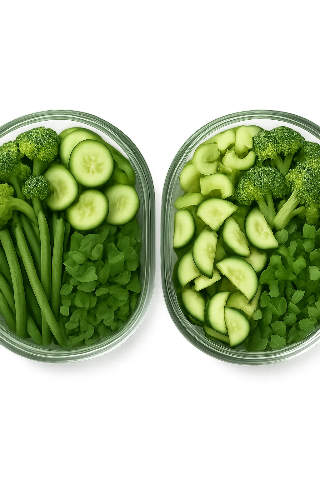 verdure tagliate e sistemate in due schiscette di vetro viste dall'alto, iperrealistico 4k emoji
