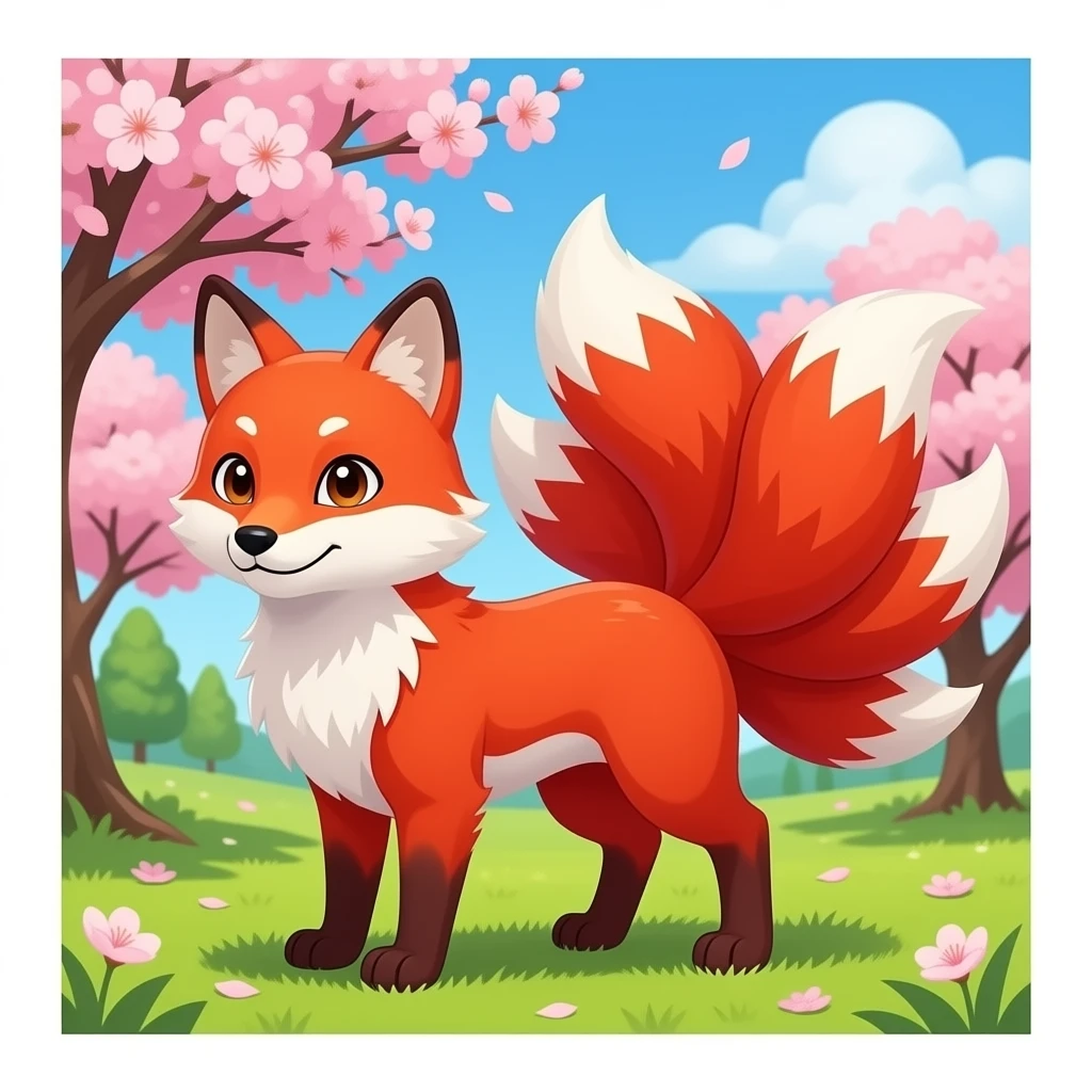 red and white nine tailed fox in a sakura tree emoji