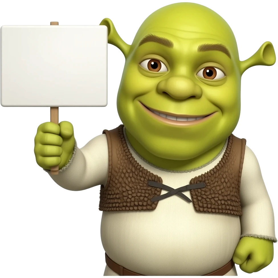шрек тримає  білу табличку в правій руці emoji