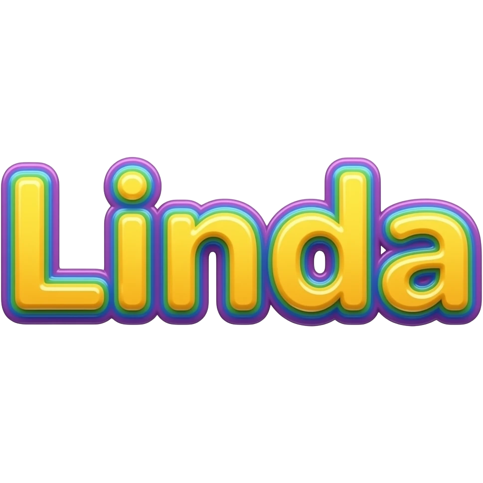 name "Linda" in neon yellow, 3D style typography lettering, each color of the rainbow as a border outlined around each letter, isolated, 3d rendering, high definition, 600 dpi.must have no emoji icons no emoji faces, must have no human figures, emoji