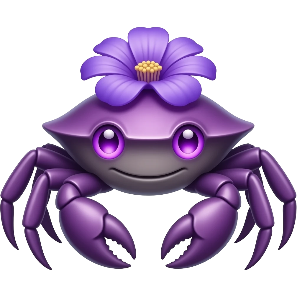 A purple crab with a purple  flower growing on its back on its back purplen eyes glowing eyes facing forward emoji
