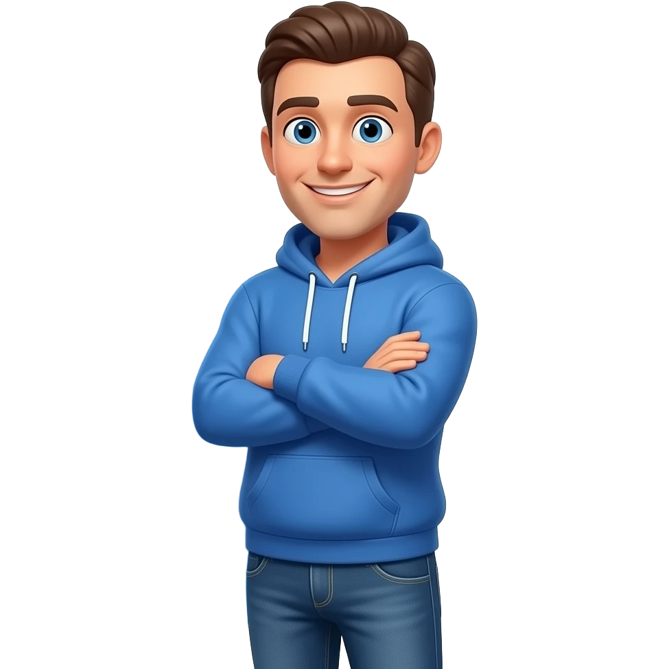A 3D emoji-style illustration of a friendly man in casual clothes (blue hoodie and jeans), standing with arms crossed and looking directly at the viewer with a naughty face. Text in banner: 'ANSWER TO THEM, ON TOP' white text, while the name 'ON TOP' is rendered in a vibrant, glowing sky blue color. emoji