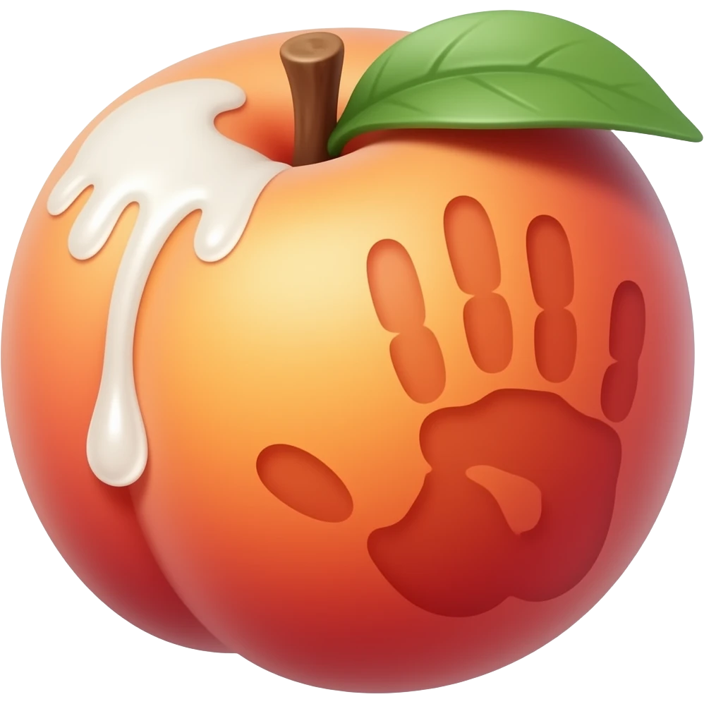 Make a peach with a hand print mark on the side, white liquid dripping down in droplets on the peach from top to bottom, emoji