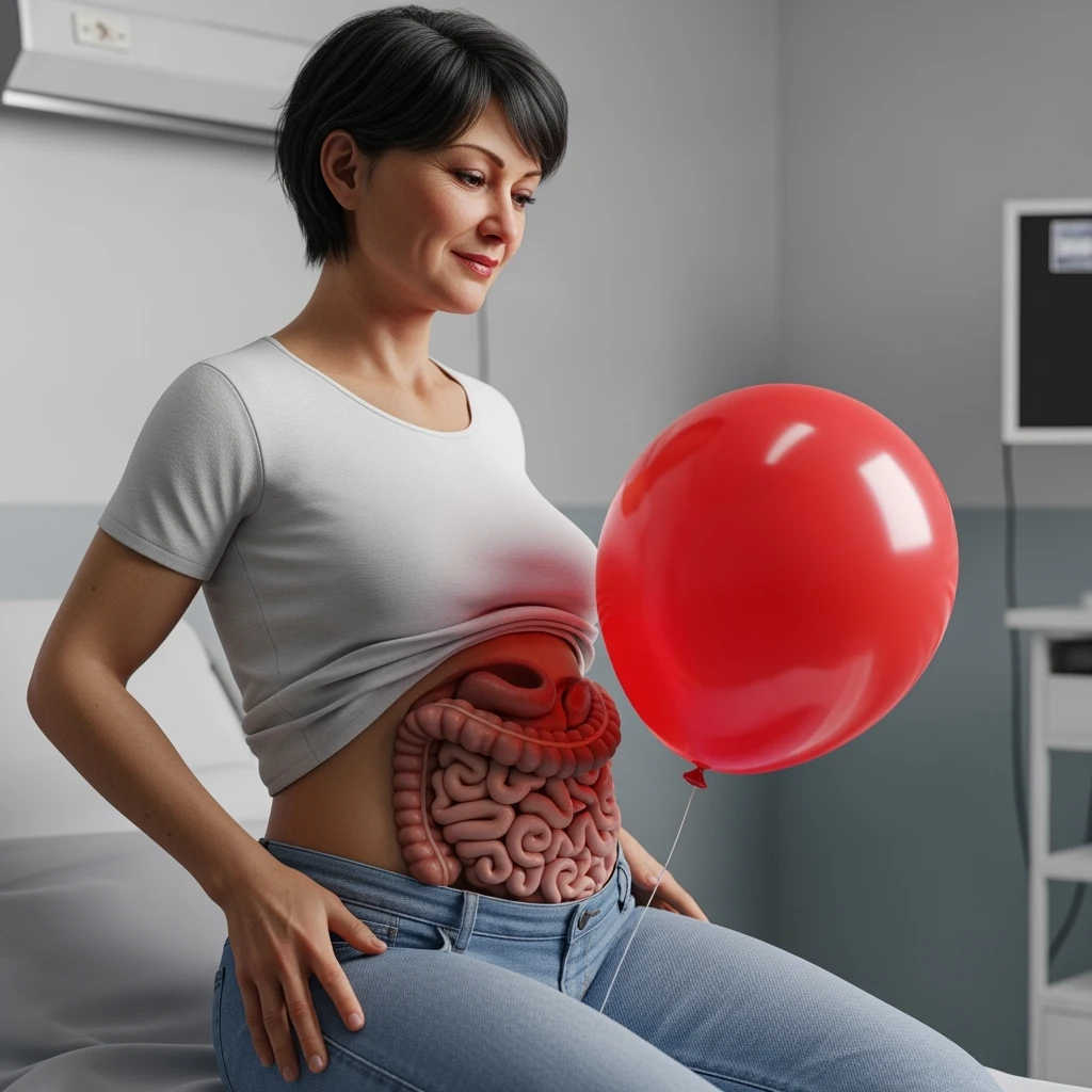 DONNA CON PALLONCINO ROSSO SULLA PANCIA E INTESTINO VISIBILE, iperrealistico 4k emoji