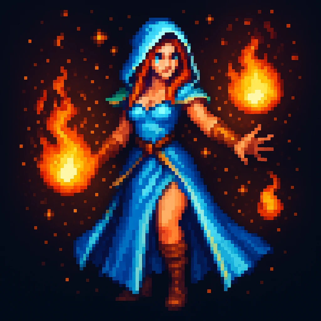 Make the sorceress cast a spell, adding magical effects like glowing energy or fireballs in the original pixel art style emoji