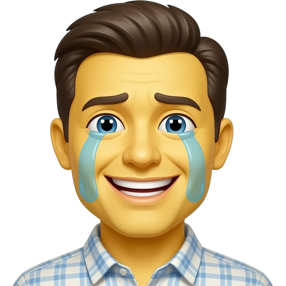 smiling yellow crying man with extremely exaggerated proportions emoji