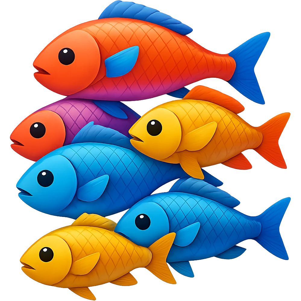 A pile of fish arranged in a pyramid formation in the style of apple emojis, with no background, clean and crisp emoji style. emoji