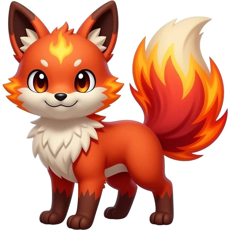 Hyper realistic fire red fur ablase with fire and shadow gradients beautiful elegant young cute Fakémon-Pokémon-fox-bird-firefox. no whites of the eyes emoji