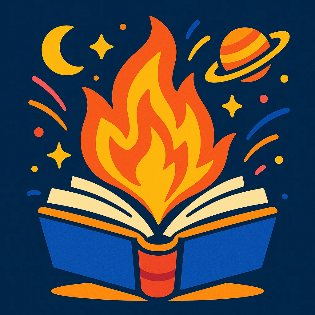 space-themed event icon with a book, fire, and cosmic elements, energetic and whimsical emoji