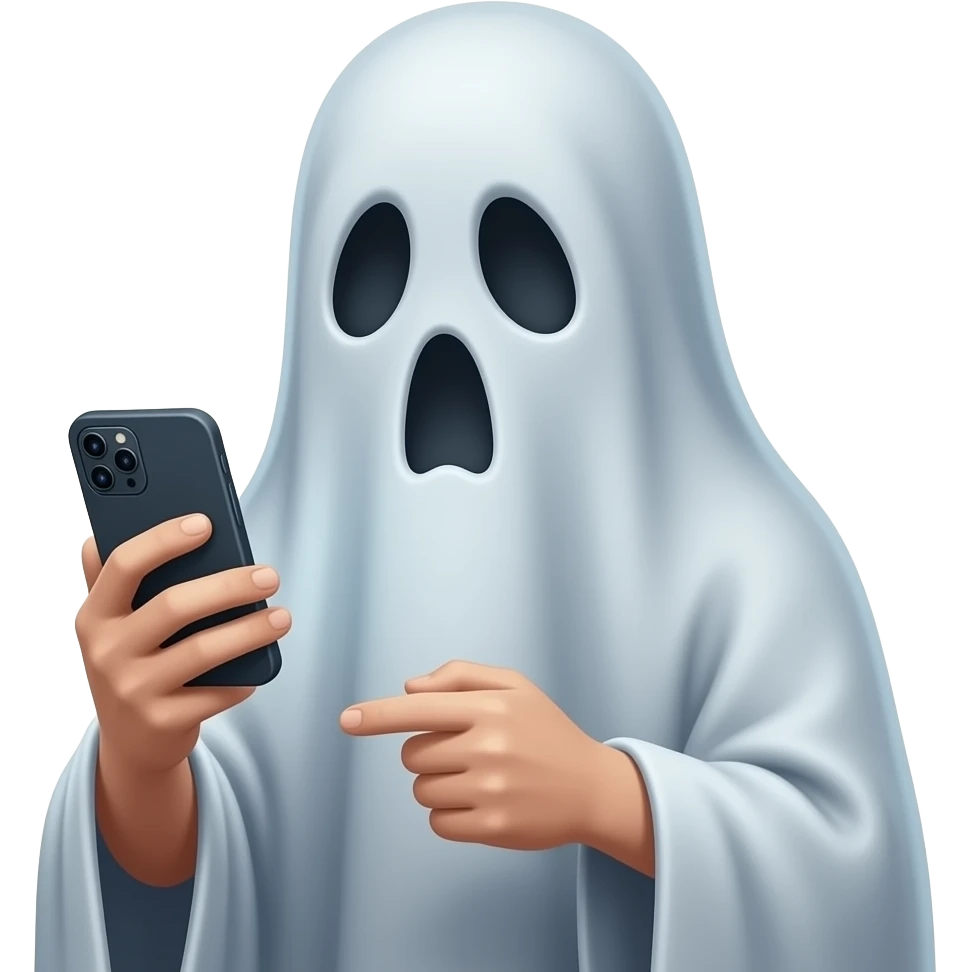 Haunting ghost realistic hokding and looking at cell phone . Fantasy emoji