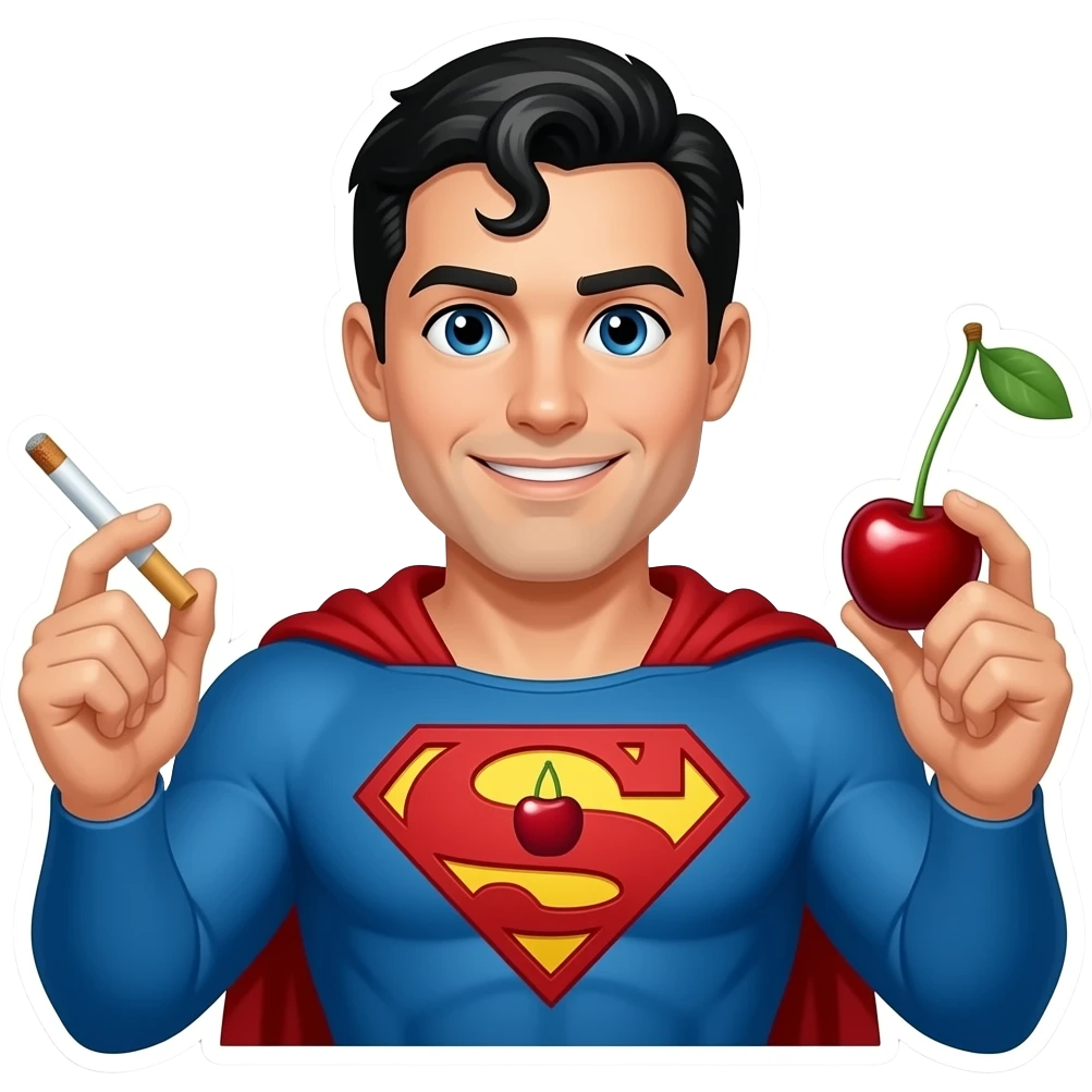 Make this sticker with a cherry instead of the S embedded in the chest as part of the costume, the eyes have Cherries as pupils and the left hand is holding a joint and the right hand a cherry, Superman with his complete look emoji