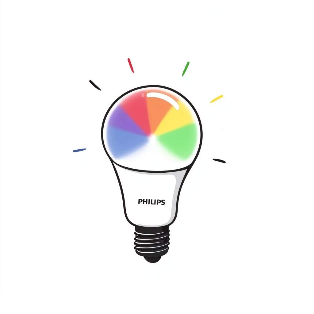 A hand-drawn Philips Hue smart bulb with app control and rainbow colors emoji