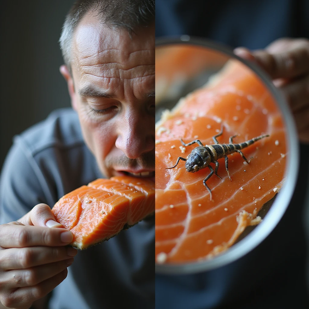 educational image split in half showing a man eating salmon on one side and a magnified view of the salmon slice with visible parasites on the other, realistic 4K style emoji