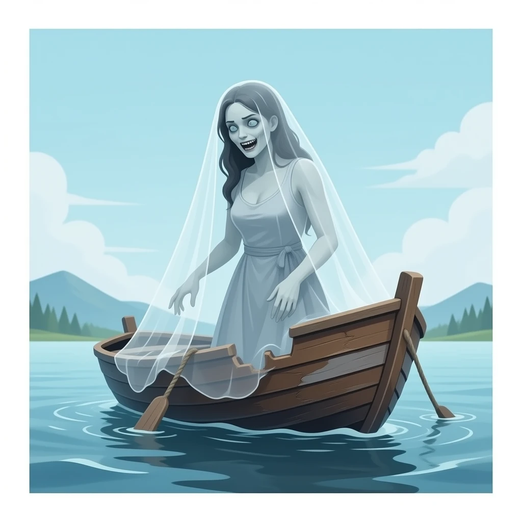 cinematic  - a broken boat with a terrifying female apparition around which a transparent veil flutters hovers emoji