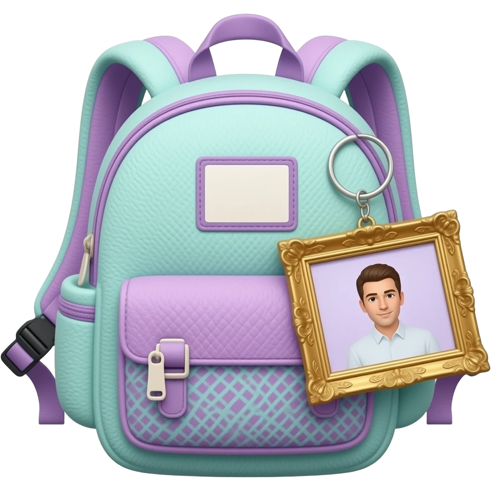 soft purple green school backpack Plush big photo frame keychain, transparent background inspired by barbie colour pallete emoji