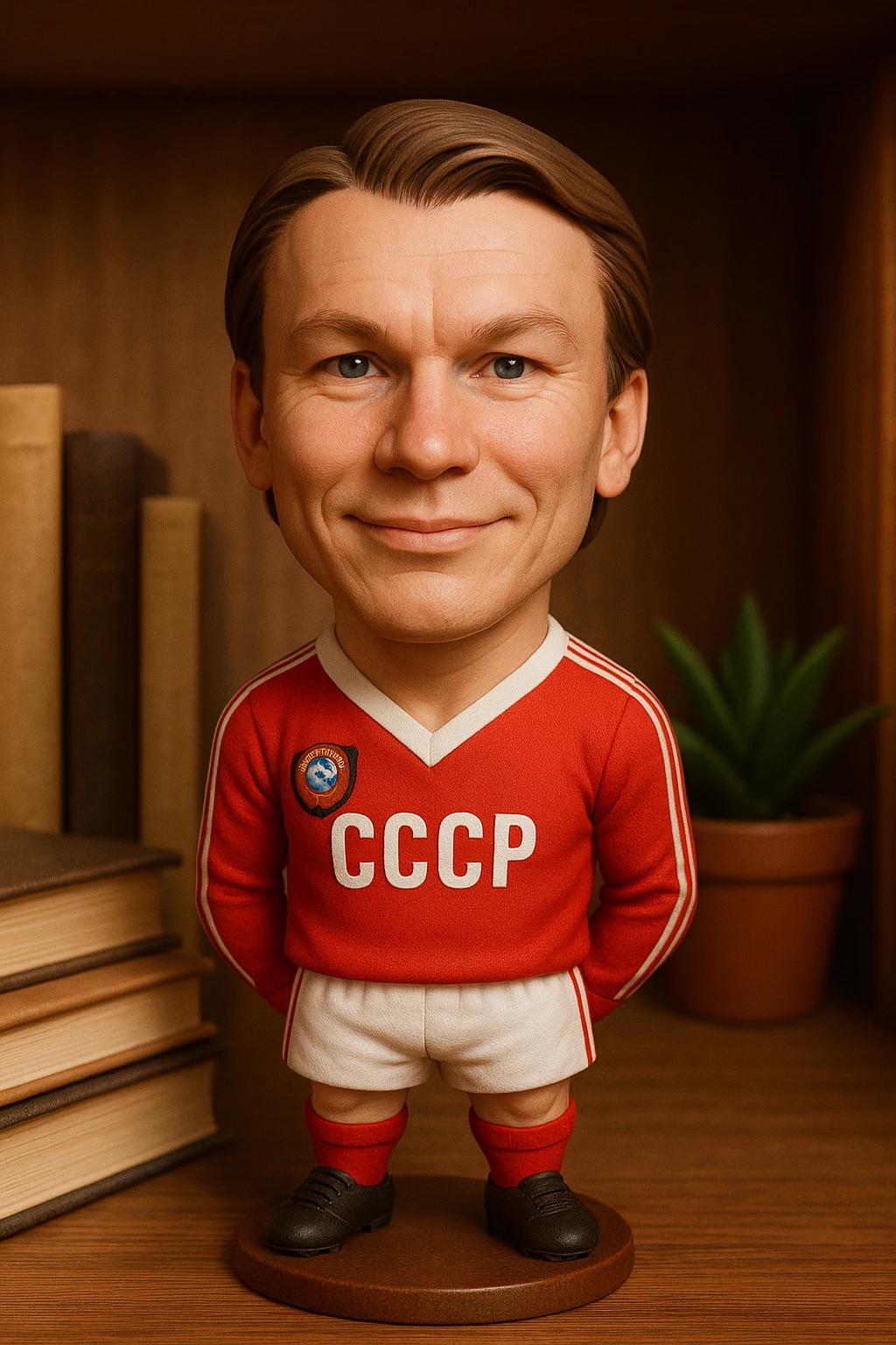 Олег Блохин в форме сборной СССР 1975 года смотрит на прямо на зрителя и слегка улыбается, освещение с левой верхней стороны кадра emoji